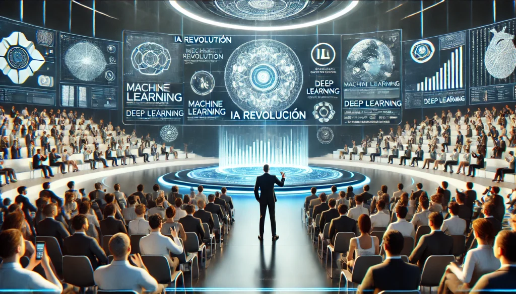 Imagenes dall%c2%b7e 2025 02 19 12 51 39 a futuristic auditorium with a cutting edge design the image is taken from behind a presenter standing on stage dressed in a formal suit holding a